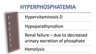 Hypervitaminosis D
Hypoparathyrodism
Renal failure – due to decreased
urinary excretion of phosphate
Hemolysis
 