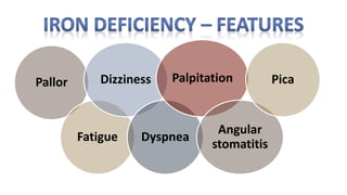 Pallor
Fatigue
Dizziness
Dyspnea
Palpitation
Angular
stomatitis
Pica
 
