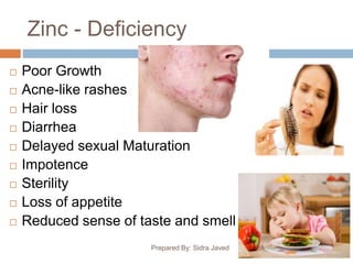 Zinc - Deficiency
Prepared By: Sidra Javed
 Poor Growth
 Acne-like rashes
 Hair loss
 Diarrhea
 Delayed sexual Maturation
 Impotence
 Sterility
 Loss of appetite
 Reduced sense of taste and smell
 