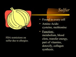 Sulfur 
• Found in every cell 
• Amino Acids: 
cysteine, methionine 
• Function: 
metabolism, blood 
clots, transfer energy, 
part of vitamins, 
detoxify, collagen 
synthesis. 
FDA restrictions on 
sulfur due to allergies. 
 