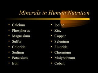 Minerals in Human Nutrition 
• Calcium 
• Phosphorus 
• Magnesium 
• Sulfur 
• Chloride 
• Sodium 
• Potassium 
• Iron 
• Iodine 
• Zinc 
• Copper 
• Selenium 
• Fluoride 
• Chromium 
• Molybdenum 
• Cobalt 
 