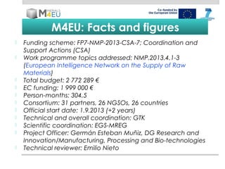 M4EU: Facts and figures
 Funding scheme: FP7-NMP-2013-CSA-7; Coordination and
Support Actions (CSA)
 Work programme topi...