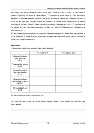 Centre de Documentació i Experimentació en Ciències i Tecnologia
Minerals al supermercat ANGLADA, E. (2004)13
Ompliu un dels dos coladors amb sorra per a gats i l'altre amb sorra corrent. Hi ha d'haver la
mateixa quantitat de sorra a cada colador. Col·loqueu-los sobre cada un dels recipients.
Mesureu la mateixa quantitat d’aigua, uns 50 ml, amb cada una de les provetes. Regueu la
sorra per als gats amb l’aigua d’una de les provetes i al mateix temps regueu la sorra corrent
amb l’aigua de l’altra proveta. Deixeu passar uns segons i aixequeu el colador. Comproveu què
ha succeït en cada cas. Mesureu l’aigua del fons del recipient (Q2) i resteu-la de l’aigua que
s'ha abocat (Q1).
Es pot experimentar augmentant la quantitat d’aigua per mesurar la capacitat de saturació de la
sorra dels gats. Si no es tenen provetes graduades es pot mesurar amb una mesura de les que
hi ha a les capses dels xarops.
Qüestions
1. Anoteu les dades i els resultats a la graella següent.
Sorra corrent Sorra per a gats
Quantitat d’aigua
que s’aboca
(Q1)
Travessa les sorres
SÍ/NO
Quantitat d’aigua
que ha travessat
(Q2)
Quantitat d’aigua
retinguda a la sorra
(Q1-Q2)
Mineral absorbent
SÍ/NO
a) Expliqueu que ha succeït en cada cas.
b) Quina de les sorres ha deixat passar menys aigua? Quina conté els minerals més
absorbents?
 