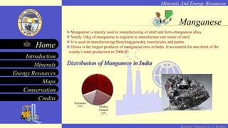 Minerals And Energy Resources
Minerals
Energy Resources
Maps
Conservation
Introduction
Home
Credits
Kendriya Vidyalaya No. 2, Roorkee
Manganese
Manganese is mainly used in manufacturing of steel and ferro-manganese alloy.
Nearly 10kg of manganese is required to manufacture one tonne of steel.
It is used in manufacturing bleaching powder, insecticides and paints.
Orissa is the largest producer of manganese ores in India. It accounted for one-third of the
county’s total production in 2000-01
Distribution of Manganese in India
Others
30%
Orissa
33%
Madhya
Pradesh
22%
Karnataka
15%
 