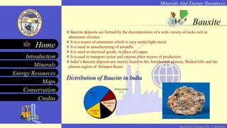 Minerals And Energy Resources
Minerals
Energy Resources
Maps
Conservation
Introduction
Home
Credits
Kendriya Vidyalaya No. 2, Roorkee
Bauxite
Bauxite deposits are formed by the decomposition of a wide variety of rocks rich in
aluminum silicates.
It is a source of aluminum which is very useful light metal.
It is used in manufacturing of aircrafts.
It is used in electrical goods, in place of copper.
It is used in transport sector and various other sectors of production.
India’s Bauxite deposits are mainly found in the Amarkantak plateau, Maikal hills and the
plateau region of Bilaspur-Katni.
Distribution of Bauxite in India
Others
13%
Gujarat
17%
Orissa
45%
Maharashtra
11%
Jharkhand
14%
 