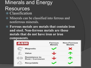 Minerals and Energy
Resources
 Classification
 Minerals can be classified into ferrous and
nonferrous minerals.
 Ferrous metals are metals that contain iron
and steel. Non-ferrous metals are those
metals that do not have iron or iron
components.
 