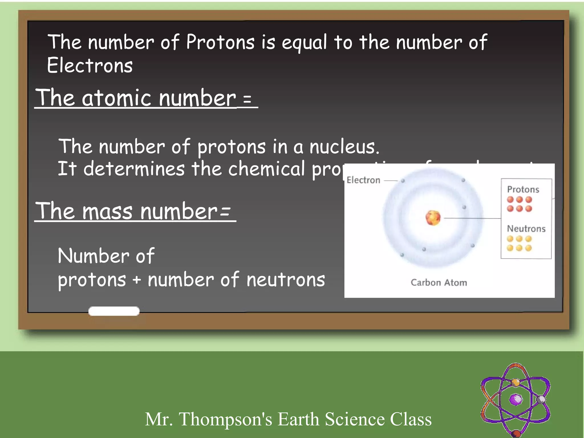 The number of Protons is equal to the number of
 Electrons
The atomic number =

  The number of protons in a nucleus.
  It determines the chemical properties of an element

The mass number=
  Number of
  protons + number of neutrons




           Mr. Thompson's Earth Science Class
 