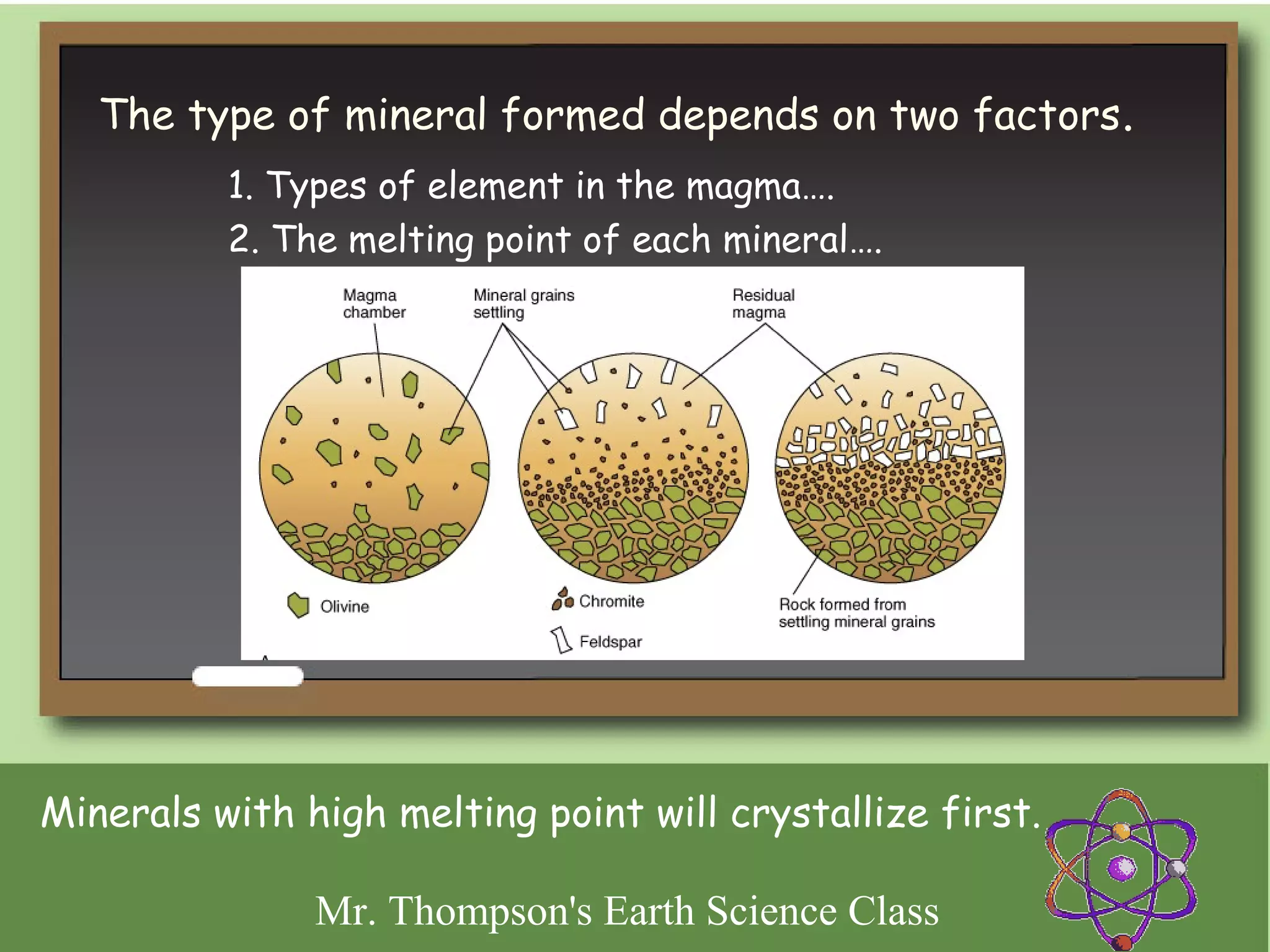 The type of mineral formed depends on two factors.
          1. Types of element in the magma….
          2. The melting point of each mineral….




Minerals with high melting point will crystallize first.

               Mr. Thompson's Earth Science Class
 