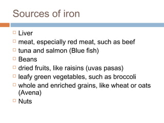 Sources of iron










Liver
meat, especially red meat, such as beef
tuna and salmon (Blue fish)
Beans
dried fruits, like raisins (uvas pasas)
leafy green vegetables, such as broccoli
whole and enriched grains, like wheat or oats
(Avena)
Nuts

 