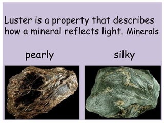 Luster is a property that describes 
how a mineral reflects light. Minerals 
pearly silky 
 