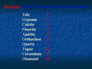 Hardness: MOH’S Hardness Scale (NOT absolute):
Talc
Gypsum
Calcite
Fluorite
Apatite
Orthoclase
Quartz
Topaz
Corundum
Diamond

1
2
3
4
5
6
7
8
9
10

 