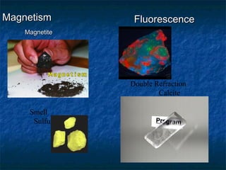 Magnetism

Fluorescence

Magnetite

Double Refraction
Calcite
Smell
Sulfur

 