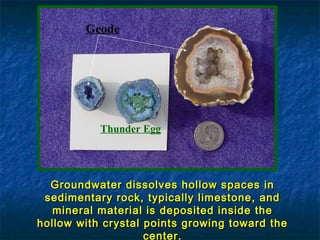 Geode

Thunder Egg

Groundwater dissolves hollow spaces in
sedimentary rock, typically limestone, and
mineral material is deposited inside the
hollow with crystal points growing toward the
center.

 