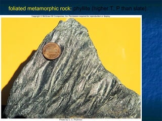foliated metamorphic rock: phyllite (higher T, P than slate)

 