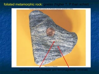 foliated metamorphic rock: gneiss (higher T, P than schist)

banding of quartz/feldspar and ferromagnesian minerals

 