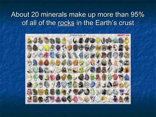 About 20 minerals make up more than 95%
of all of the rocks in the Earth’s crust

 