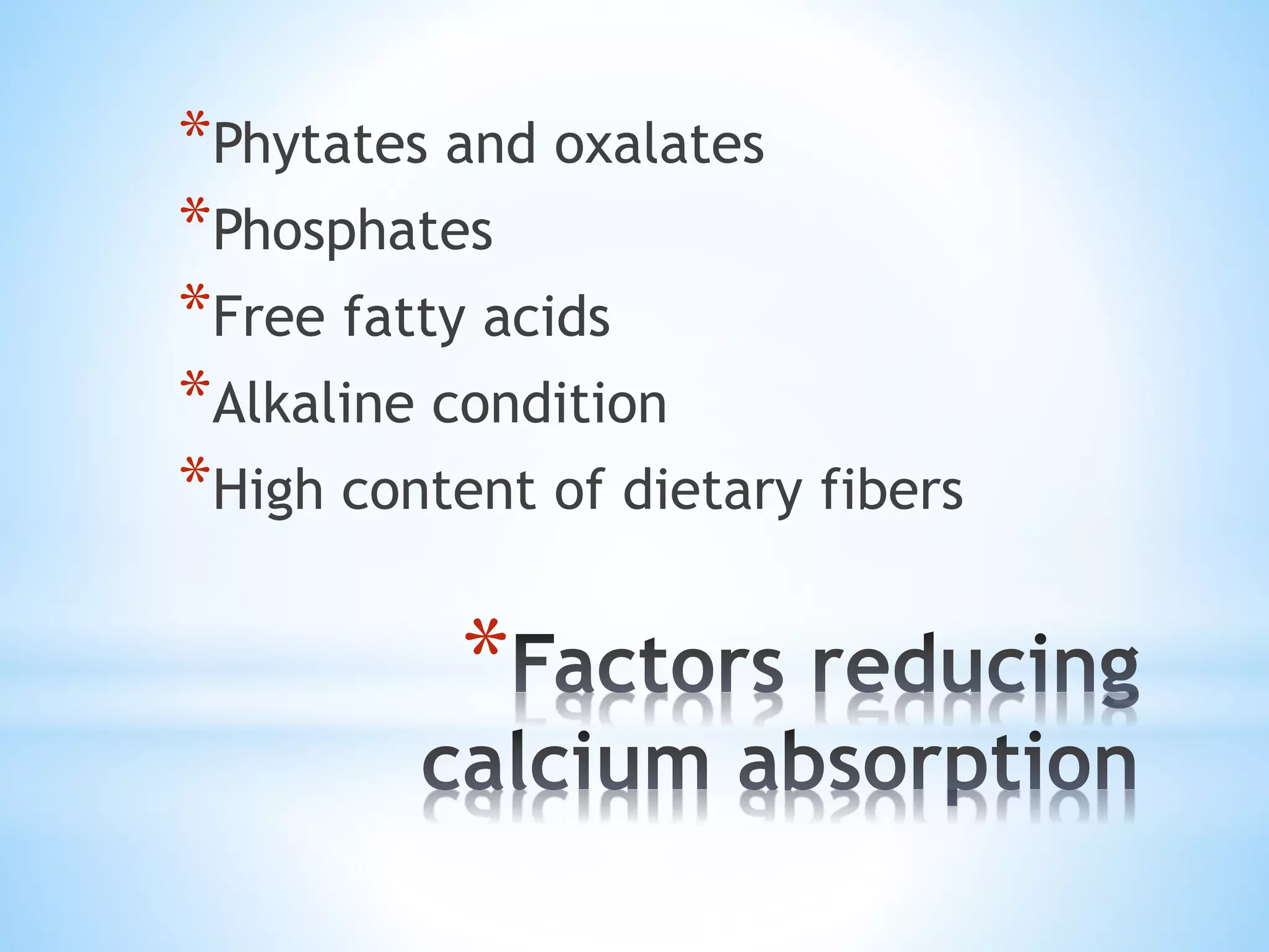 *
*Phytates and oxalates
*Phosphates
*Free fatty acids
*Alkaline condition
*High content of dietary fibers
 