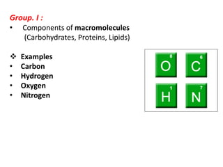 Group. I :
• Components of macromolecules
(Carbohydrates, Proteins, Lipids)
 Examples
• Carbon
• Hydrogen
• Oxygen
• Nitrogen
 