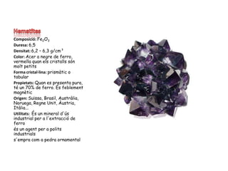 HematitesComposició: Fe2O3Duresa: 6,5Densitat: 6,2 – 6,3 g/cm³Color: Acer a negre de ferro, vermella quan els cristalls són molt petitsForma cristal·lina: prismàtic o tabularPropietats: Quan es presenta pura, té un 70% de ferro. És feblement magnèticOrigen: Suïssa, Brasil, Austràlia, Noruega, Regne Unit, Àustria, Itàlia...Utilitats:  És un mineral d'ús industrial per a l'extracció de ferroés un agent per a polits industrialss'empra com a pedra ornamental