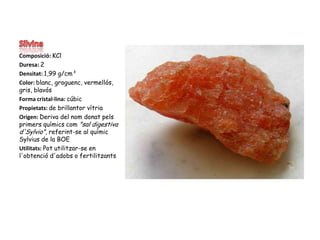 SilvinaComposició: KClDuresa: 2Densitat: 1,99 g/cm³Color: blanc, groguenc, vermellós, gris, blavósForma cristal·lina: cúbicPropietats: de brillantor vítriaOrigen: Deriva del nom donat pels primers químics com "sal digestiva d'Sylvio", referint-se al químic Sylvius de la BOE Utilitats: Pot utilitzar-se en l'obtenció d'adobs o fertilitzants