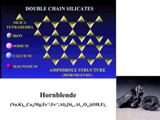 Hornblende  (Na,K) 0-1 Ca 2 (Mg,Fe +2 ,Fe +3 ,Al) 5 [Si 6-7 Al 2-1 O 22 ](OH,F) 2 