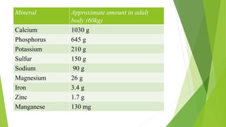 Mineral Approximate amount in adult
body (60kg)
Calcium 1030 g
Phosphorus 645 g
Potassium 210 g
Sulfur 150 g
Sodium 90 g
Magnesium 26 g
Iron 3.4 g
Zinc 1.7 g
Manganese 130 mg
 