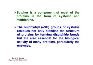 Sulphur is a component of most of the
proteins in the form of cysteine and
methionine.
 The sulphydryl (–SH) groups of cysteine
residues not only stabilise the structure
residues not only stabilise the structure
of proteins by forming disulphide bonds
but are also essential for the biological
activity of many proteins, particularly the
enzymes.
Dr. M. K. Ahmad
Department of Biochemistry
 