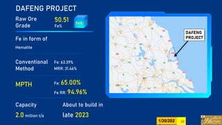 DAFENG PROJECT
Raw Ore
Grade
50.51
Fe%
Fe in form of
Hematite
Capacity
2.0 million t/a
About to build in
late 2023
Conventional
Method
Fe: 63.39%
MRR: 31.46%
MPTH Fe: 65.00%
Fe RR: 94.96%
1/20/202 22
 
