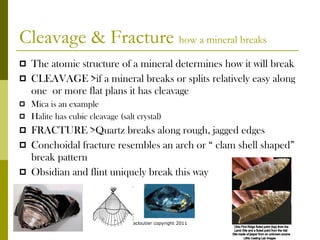 Cleavage & Fracture  how a mineral breaks The atomic structure of a mineral determines how it will break CLEAVAGE >if a mineral breaks or splits relatively easy along one  or more flat plans it has cleavage Mica is an example Halite has cubic cleavage (salt crystal) FRACTURE >Quartz breaks along rough, jagged edges Conchoidal fracture resembles an arch or “ clam shell shaped” break pattern Obsidian and flint uniquely break this way acloutier copyright 2011 