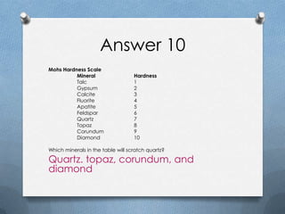 Answer 10
Mohs Hardness Scale
Mineral Hardness
Talc 1
Gypsum 2
Calcite 3
Fluorite 4
Apatite 5
Feldspar 6
Quartz 7
Topaz 8
Corundum 9
Diamond 10
Which minerals in the table will scratch quartz?
Quartz. topaz, corundum, and
diamond
 