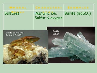 Barite on Calcite   BaSo4 / CaCO3 Barite BaSo4   Barite (BaSO 4 ) Metallic ion, Sulfur & oxygen Sulfates Examples Characteristics Mineral Group 