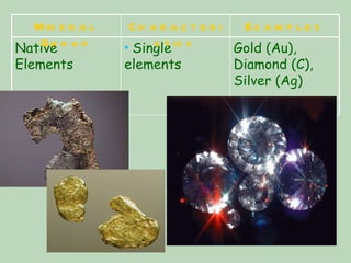 Gold (Au), Diamond (C), Silver (Ag)   Single elements Native Elements Examples Characteristics Mineral Group 