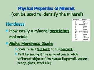 Physical Properties of Minerals   (can be used to identify the mineral) Hardness How easily a mineral  scratches  materials Mohs Hardness Scale Scale from 1 ( softest ) to 10 ( hardest ) Test by seeing if the mineral can scratch different objects (like human fingernail, copper, penny, glass, steel file) 