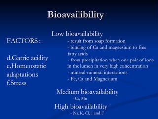 Bioavailibility FACTORS : Gatric acidity Homeostatic adaptations Stress Low bioavailability - result from soap formation - binding of Ca and magnesium to free  fatty acids - from precipitation when one pair of ions  in the lumen in very high concentration - mineral-mineral interactions - Fe, Ca and Magnesium High bioavailability - Na, K, Cl, I and F Medium bioavailability - Ca, Mn 