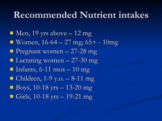 Recommended Nutrient intakes Men, 19 yrs above – 12 mg Women, 16-64 – 27 mg; 65+ - 10mg  Pregnant women – 27-28 mg Lactating women – 27-30 mg  Infants, 6-11 mos – 10 mg  Children, 1-9 y.o. – 8-11 mg  Boys, 10-18 yrs – 13-20 mg  Girls, 10-18 yrs – 19-21 mg 