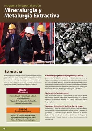 Estructura
El programa consta de siete (7) cursos distribuidos en dos módulos

Geometalurgia y Mineralurgia aplicada (24 horas)

y diseñados para que el participante pueda desde el inicio y en

Los minerales. Las rocas. Los yacimientos metálicos de las minas peruanas.

secuencia adecuada, capacitarse, actualizarse y perfeccionarse

Factores mineralógicos en el procesamiento de los minerales no metálicos

en temas relativos al procesamiento de minerales. Las actividades

en Perú. Mineralogía aplicada. Configuración geológica de yacimientos

de algunos cursos incluyen sesiones de teoría y práctica.

minerales. Instrumentación básica para evaluaciones Mineralógicas. Diseño
de experimentos con técnicas estadísticas en los procesos metalúrgicos.

Módulo 1

Mineralurgia
Geometalurgia y Mineralurgia aplicada
Tópicos de Molienda
Tópicos de Concentración de Minerales
Automatización de Plantas

Muestreo de Minerales. Modelos geometalúrgicos. Aplicaciones.

Tópicos de Molienda (32 horas)
Tipos de circuito de molienda. La potencia. Efectos en el molino. Balances
de circuitos de molienda.Interacciones molienda-clasificación. El desgaste
de medios de molienda. Molienda SAG. Trabajo practico en Software
Moly-Cop Tools.

Tópicos de Concentración de Minerales (32 horas)

Módulo 2

Fundamentos y justificación de la concentración de minerales. Métodos

Metalurgia Aplicada
Tópicos de Hidrometalurgia del oro
Tópicos de Hidrometalurgia del cobre
Diseño de Plantas Hidrometalurgicas

»4

físicos de separación de los minerales. Mineral y ganga. Concentración
Celdas de flotación. Circuitos de flotación. Balances Metalúrgicos. La

gravimetría. La concentración por flotación. Reactivos de flotación.
separación sólido – líquido. Practicas en planta piloto de concentración
de minerales.

 
