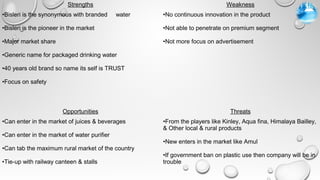 Strengths
•Bisleri is the synonymous with branded water
•Bisleri is the pioneer in the market
•Major market share
•Generic name for packaged drinking water
•40 years old brand so name its self is TRUST
•Focus on safety
Weakness
•No continuous innovation in the product
•Not able to penetrate on premium segment
•Not more focus on advertisement
Opportunities
•Can enter in the market of juices & beverages
•Can enter in the market of water purifier
•Can tab the maximum rural market of the country
•Tie-up with railway canteen & stalls
Threats
•From the players like Kinley, Aqua fina, Himalaya Bailley,
& Other local & rural products
•New enters in the market like Amul
•If government ban on plastic use then company will be in
trouble
 