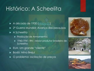 Histórico: A Scheelita


A década de 1930 (Mapa 01)



2ª Guerra Mundial: Avanço das pesquisas



A Scheelita


Produção de Armamentos



1940-1941: RN – Maior produtor brasileiro de
Scheelita



EUA: Um grande “cliente”



Bodó: Mina Brejuí



O problema: oscilação de preços

 
