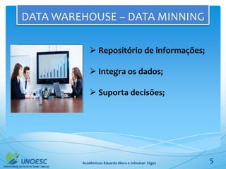 DATA WAREHOUSE – DATA MINNING

             Repositório de informações;

             Integra os dados;

             Suporta decisões;




         Acadêmicos: Eduardo Moro e Johnatan Etges   5
 