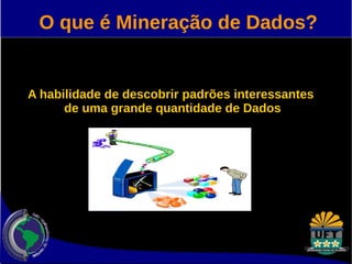 O que é Mineração de Dados? 
A habilidade de descobrir padrões interessantes 
de uma grande quantidade de Dados 
 