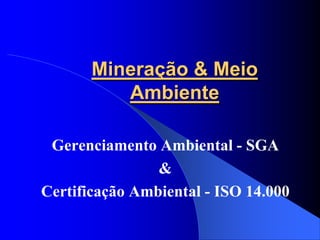 Mineração & Meio
          Ambiente

 Gerenciamento Ambiental - SGA
                &
Certificação Ambiental - ISO 14.000
 