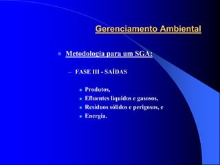 Gerenciamento Ambiental

   Metodologia para um SGA:

    – FASE III - SAÍDAS


          Produtos,
          Efluentes líquidos e gasosos,
          Resíduos sólidos e perigosos, e
          Energia.
 