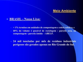 Meio Ambiente

   BRASIL - Nosso Lixo:

    – < 1% termina em unidades de compostagem e coleta seletiva, e
    – 60% do volume é passível de reciclagem - parcela seca, ou
      compostagem - parcela úmida - ABELP.


    – 24 mil toneladas por mês de resíduos industriais
      perigosos são gerados apenas no Rio Grande do Sul.
 
