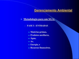 Gerenciamento Ambiental

   Metodologia para um SGA:

    – FASE I - ENTRADAS


          Matérias-primas,
          Produtos auxiliares,
          Água,
          Ar,
          Energia, e
          Recursos financeiros.
 