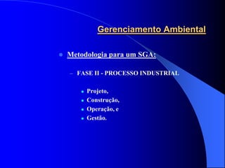 Gerenciamento Ambiental

   Metodologia para um SGA:

    – FASE II - PROCESSO INDUSTRIAL


          Projeto,
          Construção,
          Operação, e
          Gestão.
 