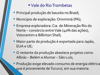 • Vale do RioTrombetas
• Principal produção de bauxita no Brasil;
• Município de exploração: Oriximiná (PA);
• Empresa exploradora: Cia. de Mineração Rio do
Norte – consórcio entreVale (40% das ações),
Votorantim e Billinton Shell;
• Maior parte da produção é exportada para Japão,
EUA e UE;
• O restante da produção abastece projetos como
Albrás – Belém e Alumar – São Luís;
• Produção exige elevado consumo de energia elétrica
que é proveniente deTucuruí, em sua maioria.
 