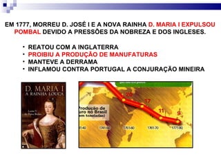 EM 1777, MORREU D. JOSÉ I E A NOVA RAINHA  D. MARIA I EXPULSOU POMBAL  DEVIDO A PRESSÕES DA NOBREZA E DOS INGLESES. REATOU COM A INGLATERRA PROIBIU A PRODUÇÃO DE MANUFATURAS MANTEVE A DERRAMA INFLAMOU CONTRA PORTUGAL A CONJURAÇÃO MINEIRA 
