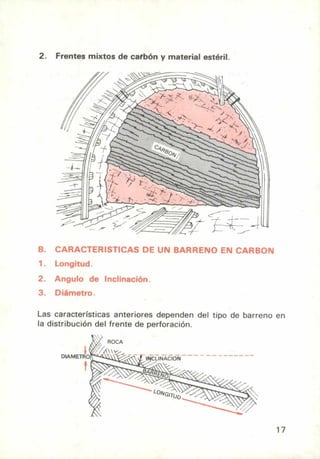 2. Frentes mixtos de carbón y material estéril.
B. CARACTERISTICAS DE UN BARRENO EN CARBON
1. Longitud.
2. Angulo de Inclinación.
3. Diámetro.
Las características anteriores dependen del tipo de barreno en
la distribución del frente de perforación.
17
 