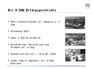 3
 Fami l i enunt er nehmen mi t Haupt si t z i n
Zug
 Gr ündung 1913
 über 1‘ 300 Mi t ar bei t er
 Ent wi ckl ung, Her st el l ung und
Pr odukt i on i n Zug
 Zukunf t sor i ent i er t – Pr oj ekt 2033
 Jeder zwei t e Haushal t mi t V- ZUG
best ückt
Di e V- ZUG Er f ol gsgeschi cht e
 