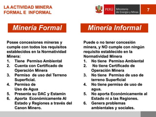 LA ACTIVIDAD MINERA
FORMAL E INFORMAL

Minería Formal
Posee concesiones mineras y
cumple con todos los requisitos
establecidos en la Normatividad
Minera:
1. Tiene Permiso Ambiental
2. Cuenta con Certificado de
Operación Minera
3. Permiso de uso del Terreno
Superficial.
4. Permiso de
Uso de Agua
5. Presenta su DAC y Estamin
6. Aporta Económicamente Al
Estado y Regiones a través del
Canon Minero.

7

Minería Informal
Puede o no tener concesión
minera, y NO cumple con ningún
requisito establecido en la
Normatividad Minera
1. No tiene Permiso Ambiental
2. No tiene Certificado de
Operación Minera
3. No tiene Permiso de uso de
terreno Superficial
4. No tiene permiso de uso de
agua.
5. No aporta Económicamente al
Estado ni a las Regiones.
6. Genera problemas
ambientales y sociales.

 